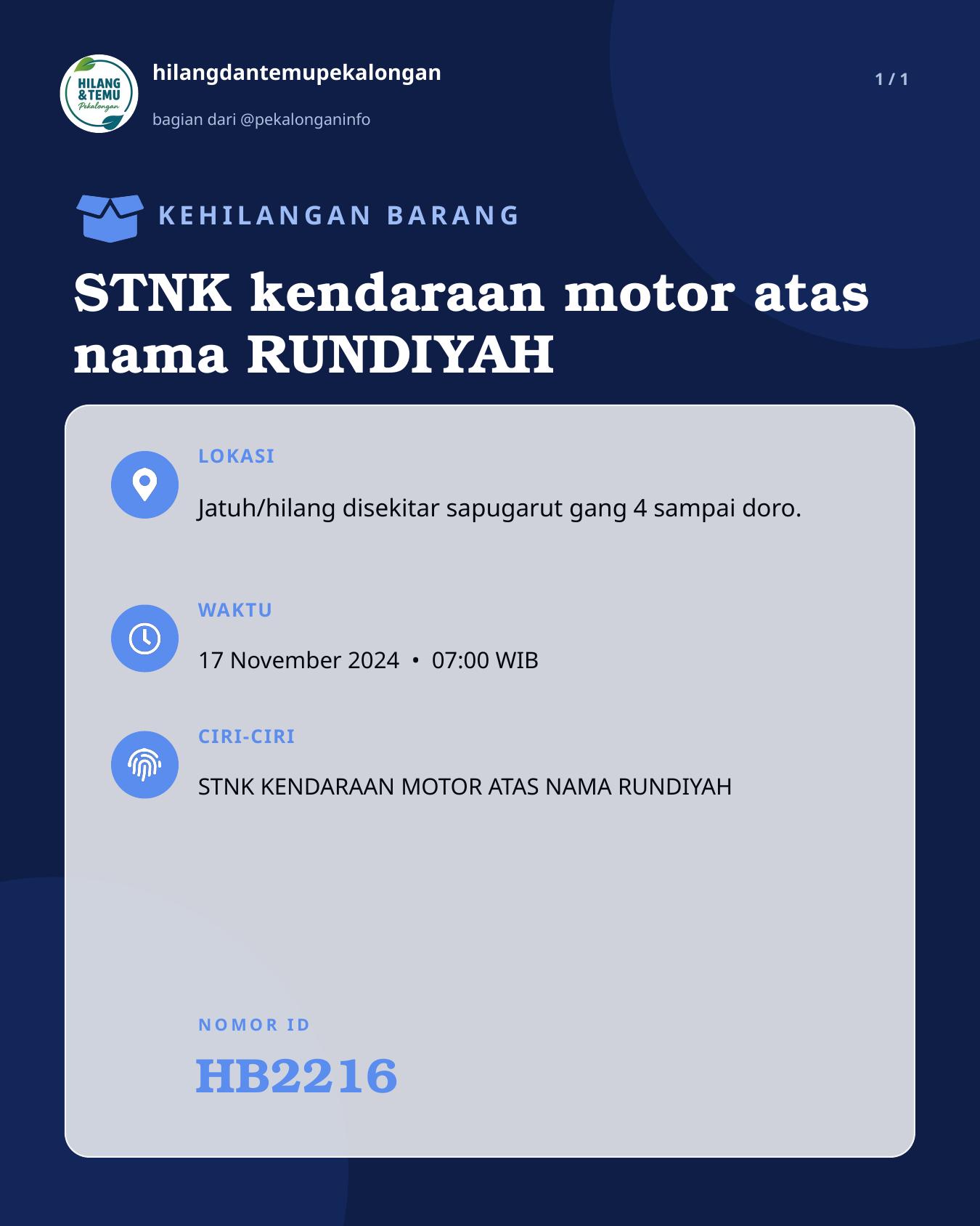 Slide laporan STNK kendaraan motor atas nama RUNDIYAH (HB2216)