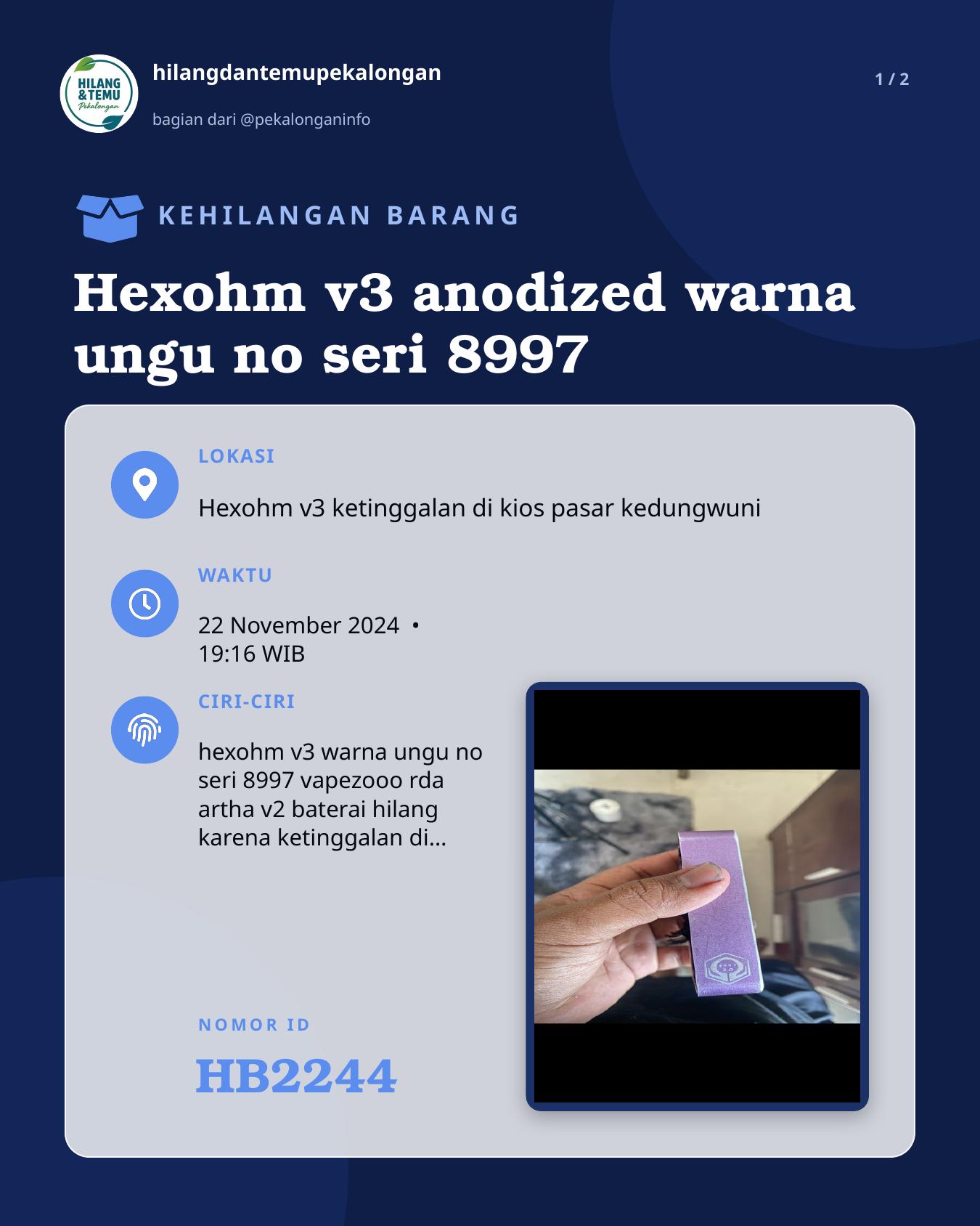 Slide 1 laporan Hexohm v3 anodized warna ungu no seri 8997