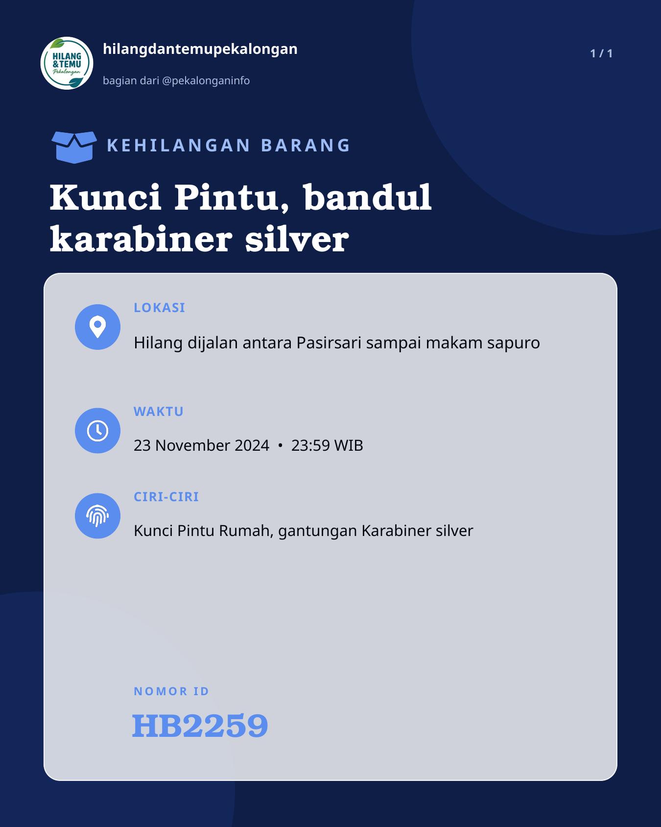 Slide laporan Kunci Pintu, bandul karabiner silver (HB2259)