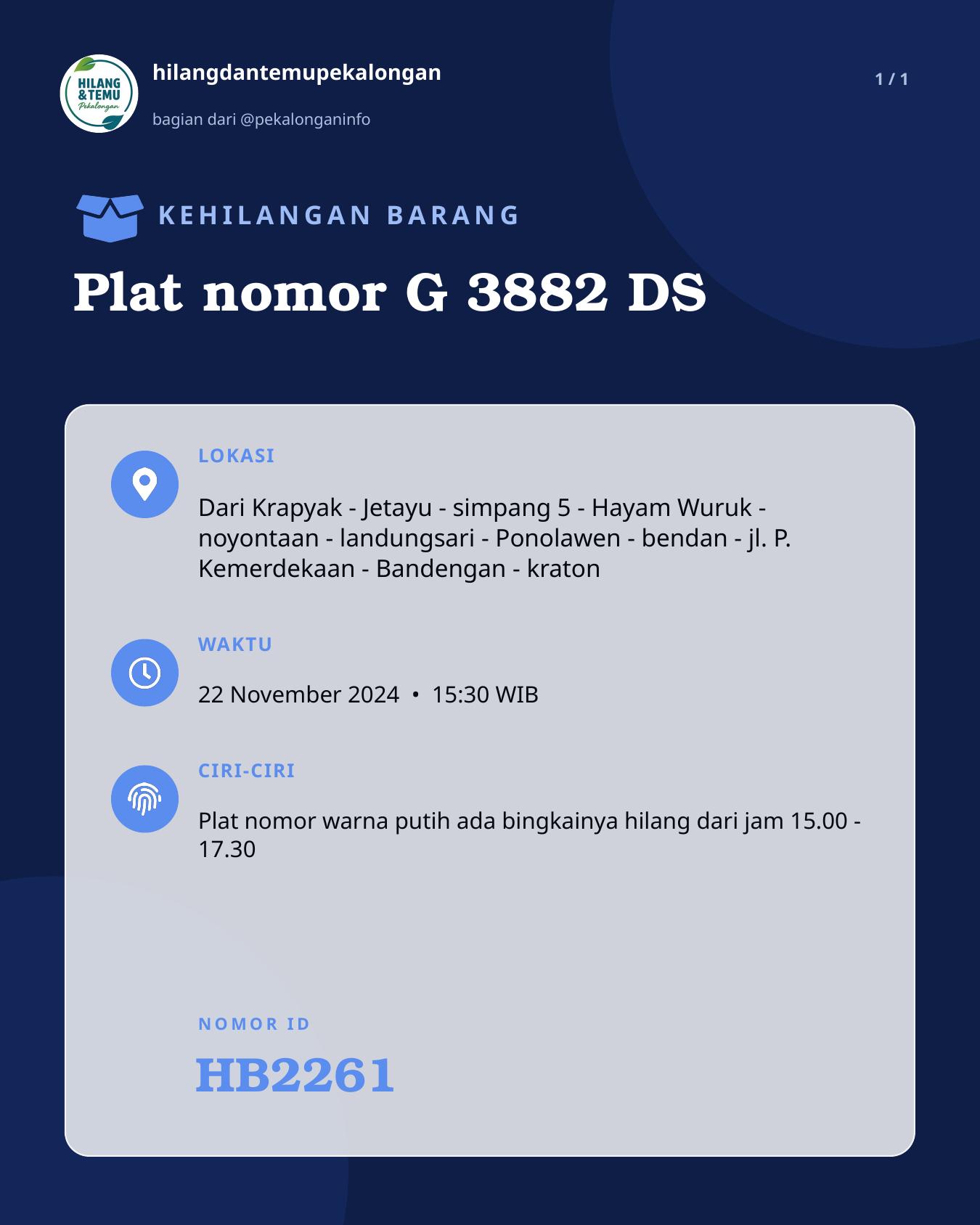 Slide laporan Plat nomor G 3882 DS (HB2261)