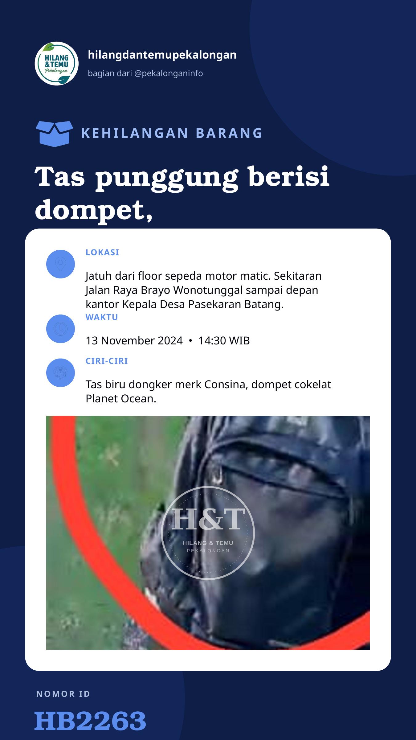 Story 9:16 laporan Tas punggung berisi dompet, SIM, STNK, dan identitas diri.