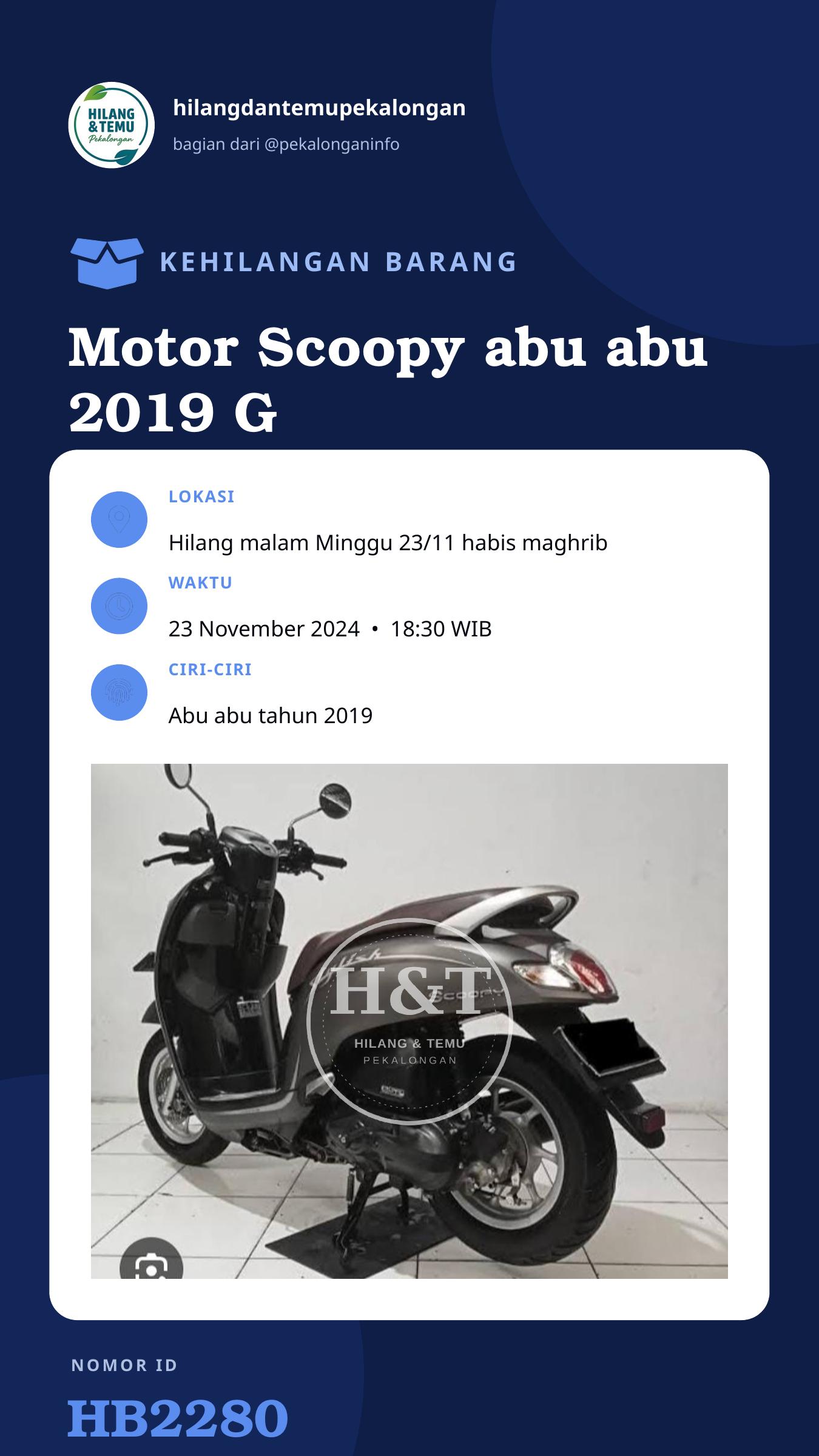 Story 9:16 laporan Motor Scoopy abu abu 2019 G 4252 BD