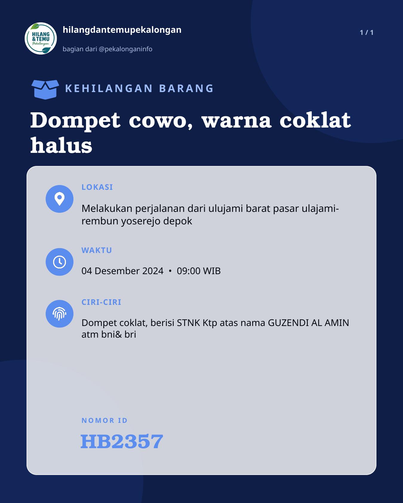 Slide laporan Dompet cowo, warna coklat halus (HB2357)