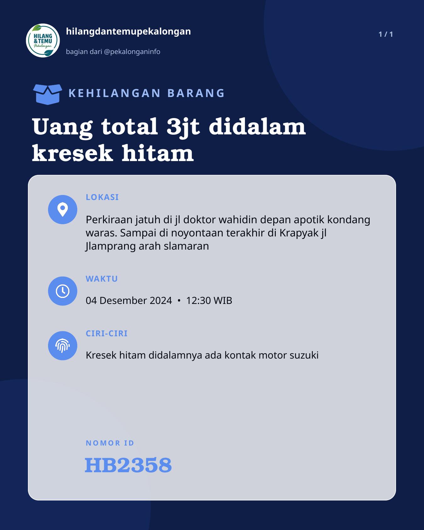 Slide laporan Uang total 3jt didalam kresek hitam (HB2358)
