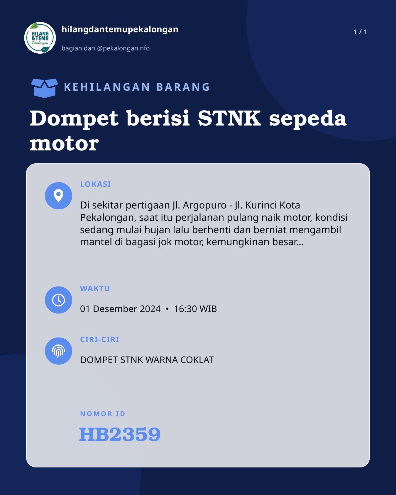 Slide laporan Dompet berisi STNK sepeda motor (HB2359)