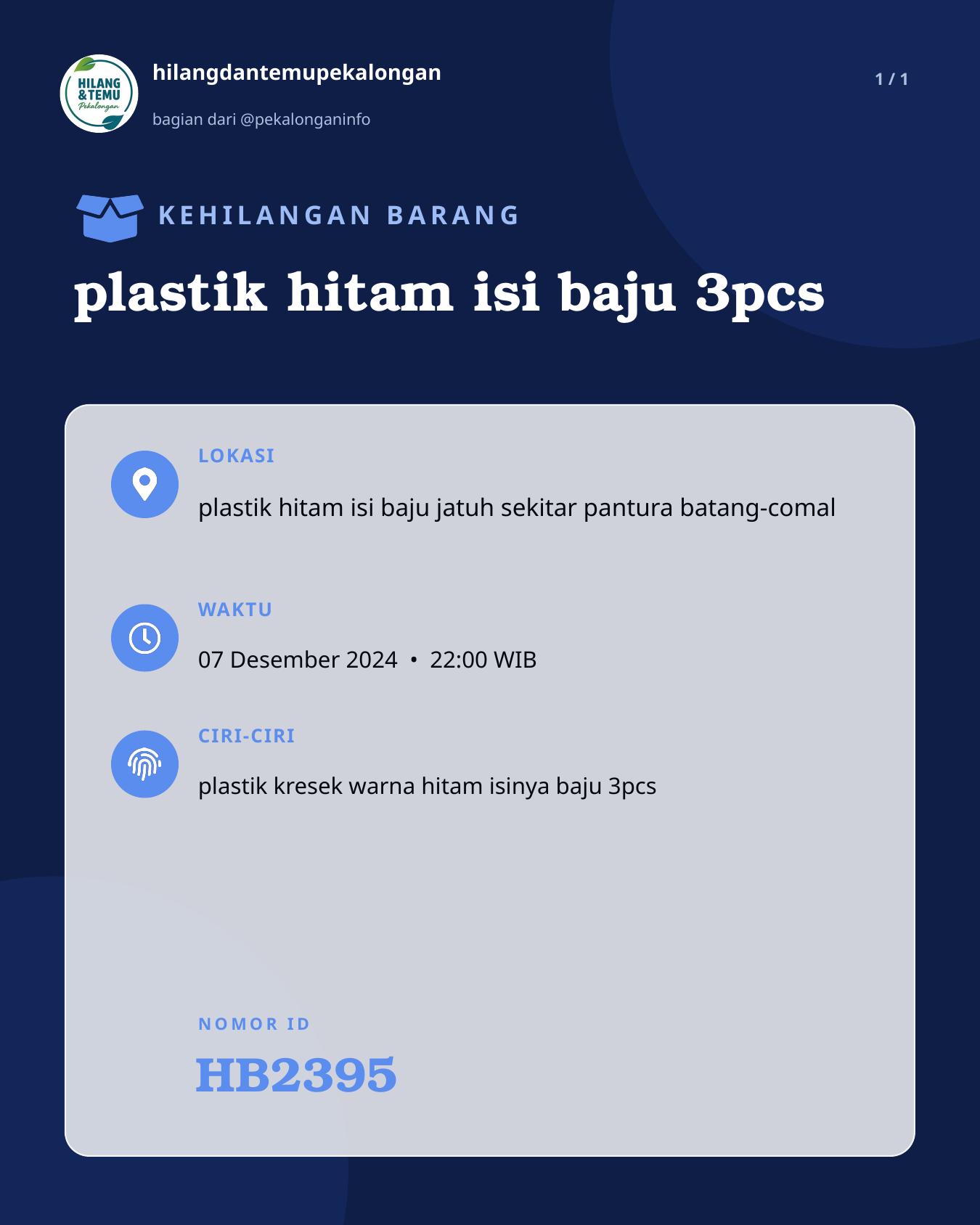 Slide laporan plastik hitam isi baju 3pcs (HB2395)
