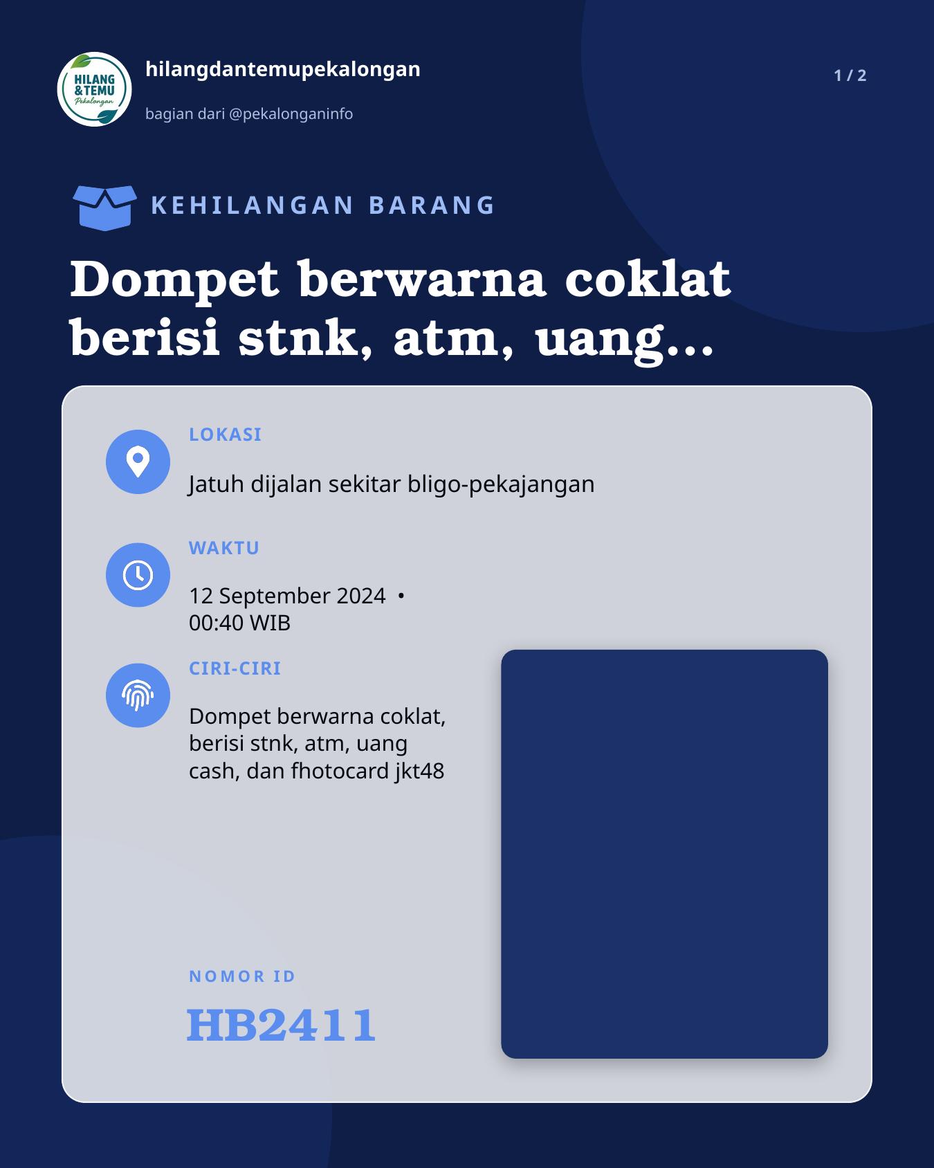 Slide 1 laporan Dompet berwarna coklat berisi stnk, atm, uang cash, dll.