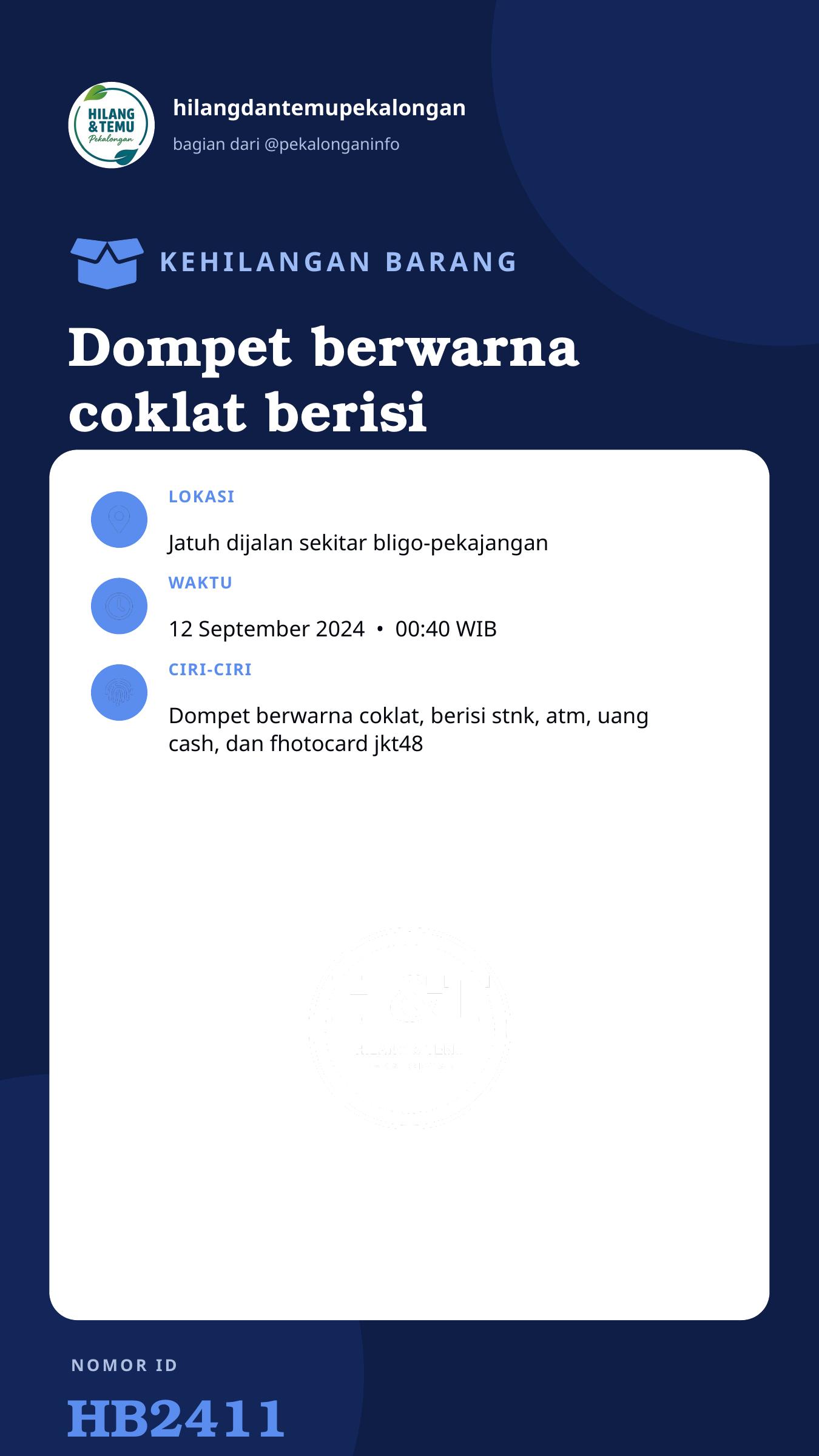 Story 9:16 laporan Dompet berwarna coklat berisi stnk, atm, uang cash, dll.