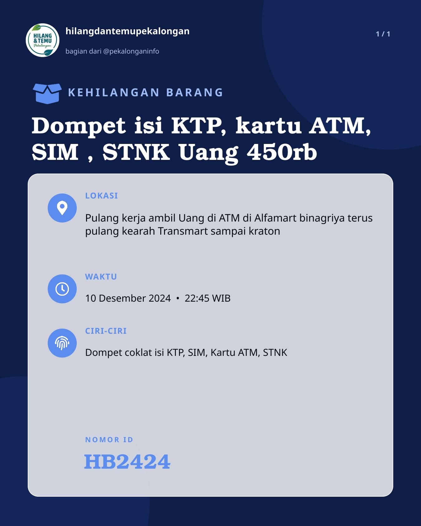 Slide laporan Dompet isi KTP, kartu ATM, SIM , STNK Uang 450rb (HB2424)