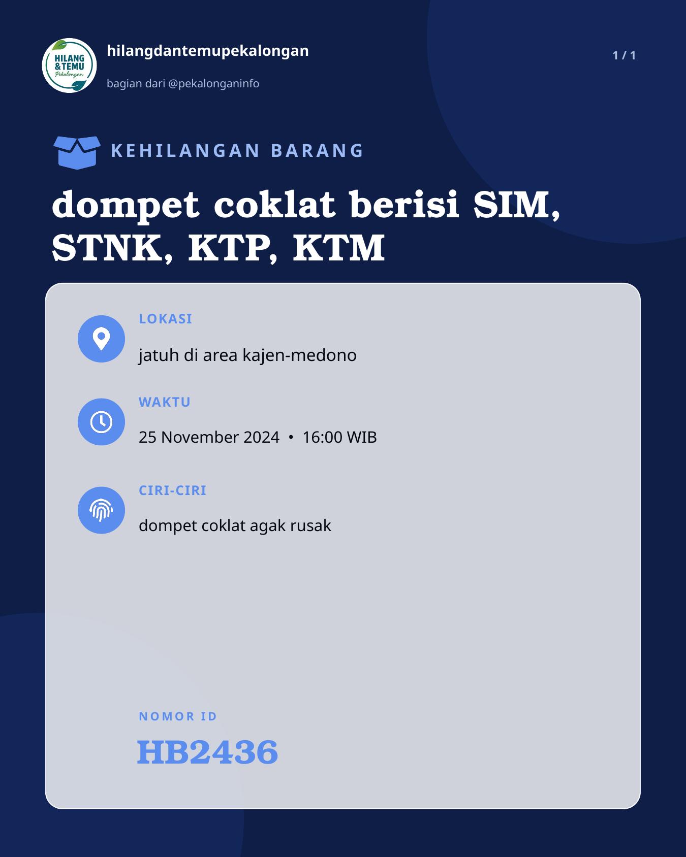 Slide laporan dompet coklat berisi SIM, STNK, KTP, KTM (HB2436)