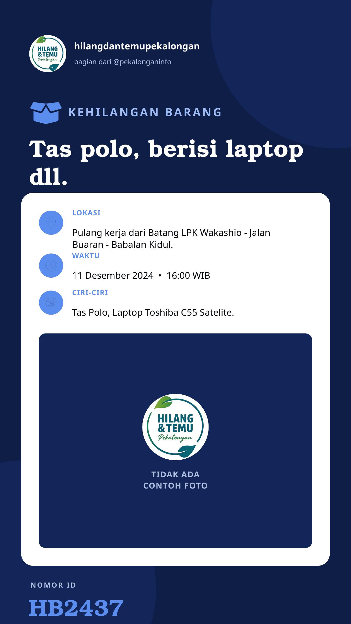 Story 9:16 laporan Tas polo, berisi laptop dll.