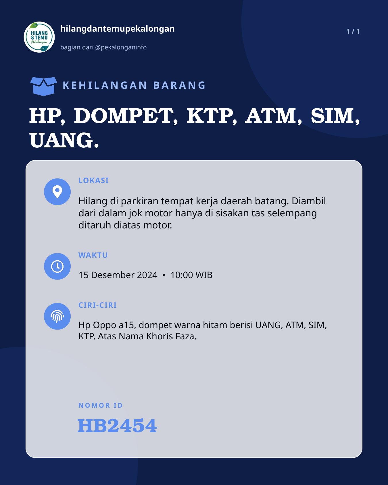 Slide laporan HP, DOMPET, KTP, ATM, SIM, UANG. (HB2454)