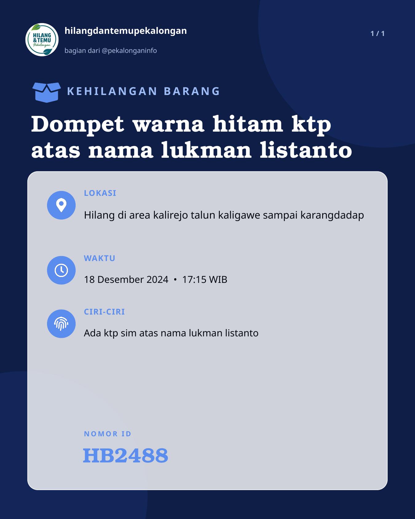 Slide laporan Dompet warna hitam ktp atas nama lukman listanto (HB2488)