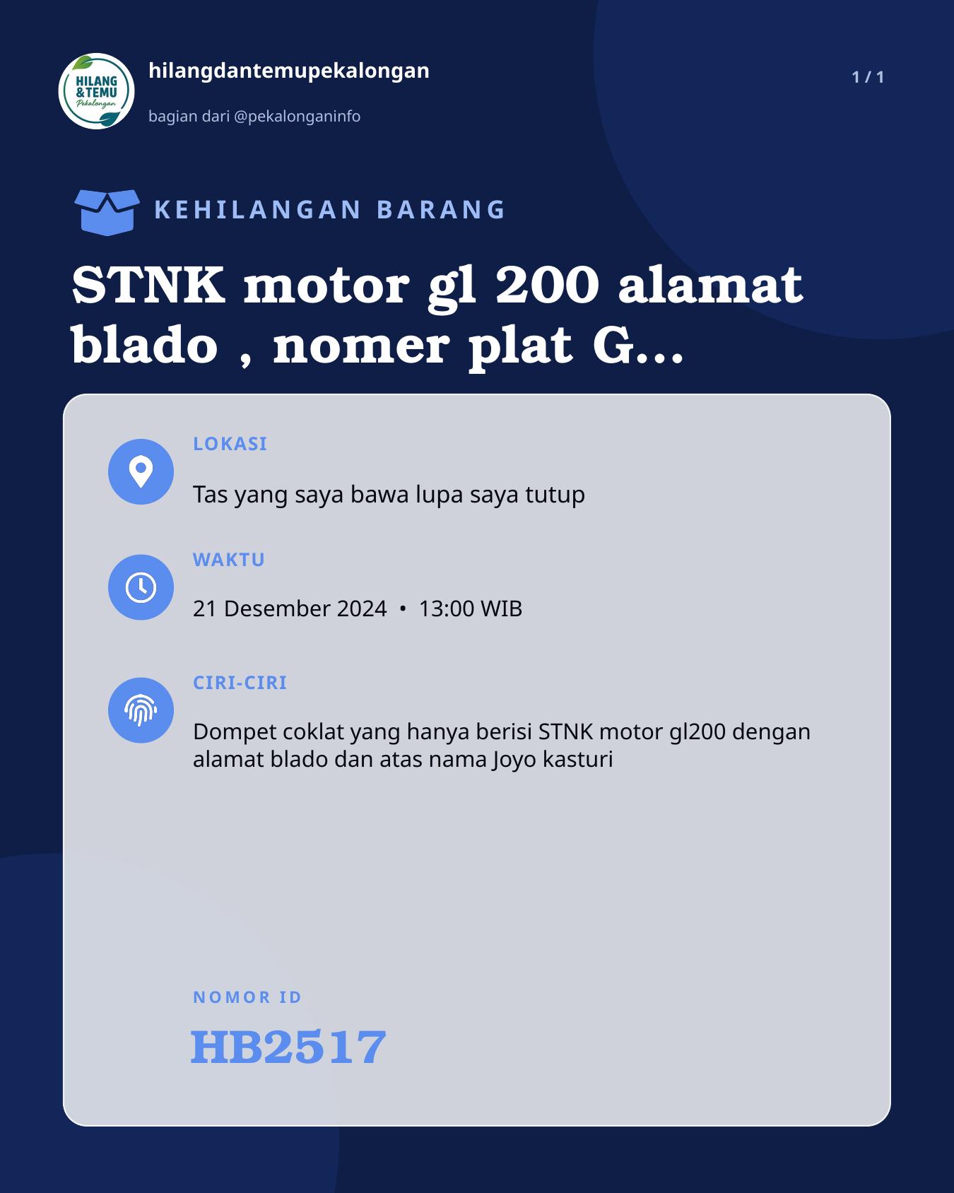 Slide laporan STNK motor gl 200 alamat blado , nomer plat G 5394 LL (HB2517)