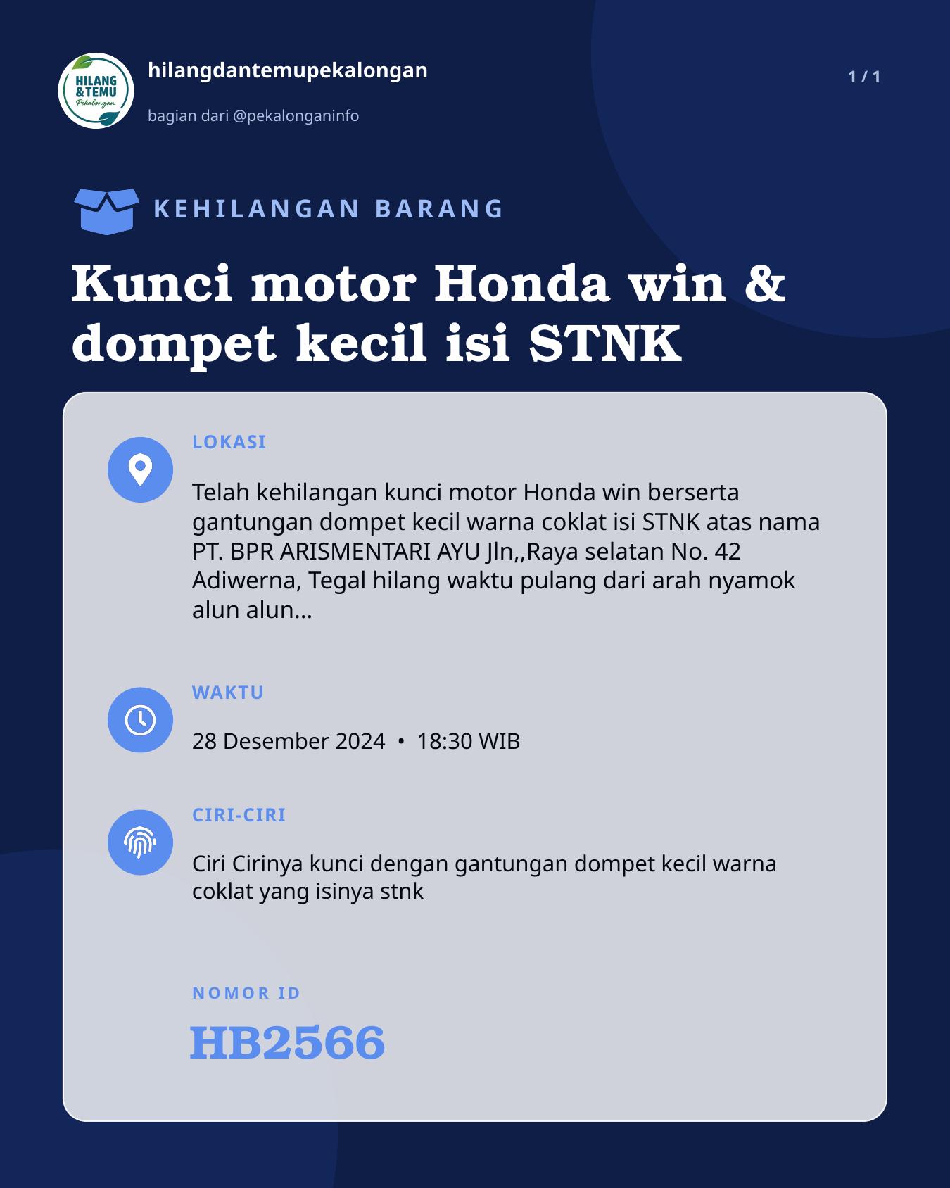 Slide laporan Kunci motor Honda win & dompet kecil isi STNK (HB2566)