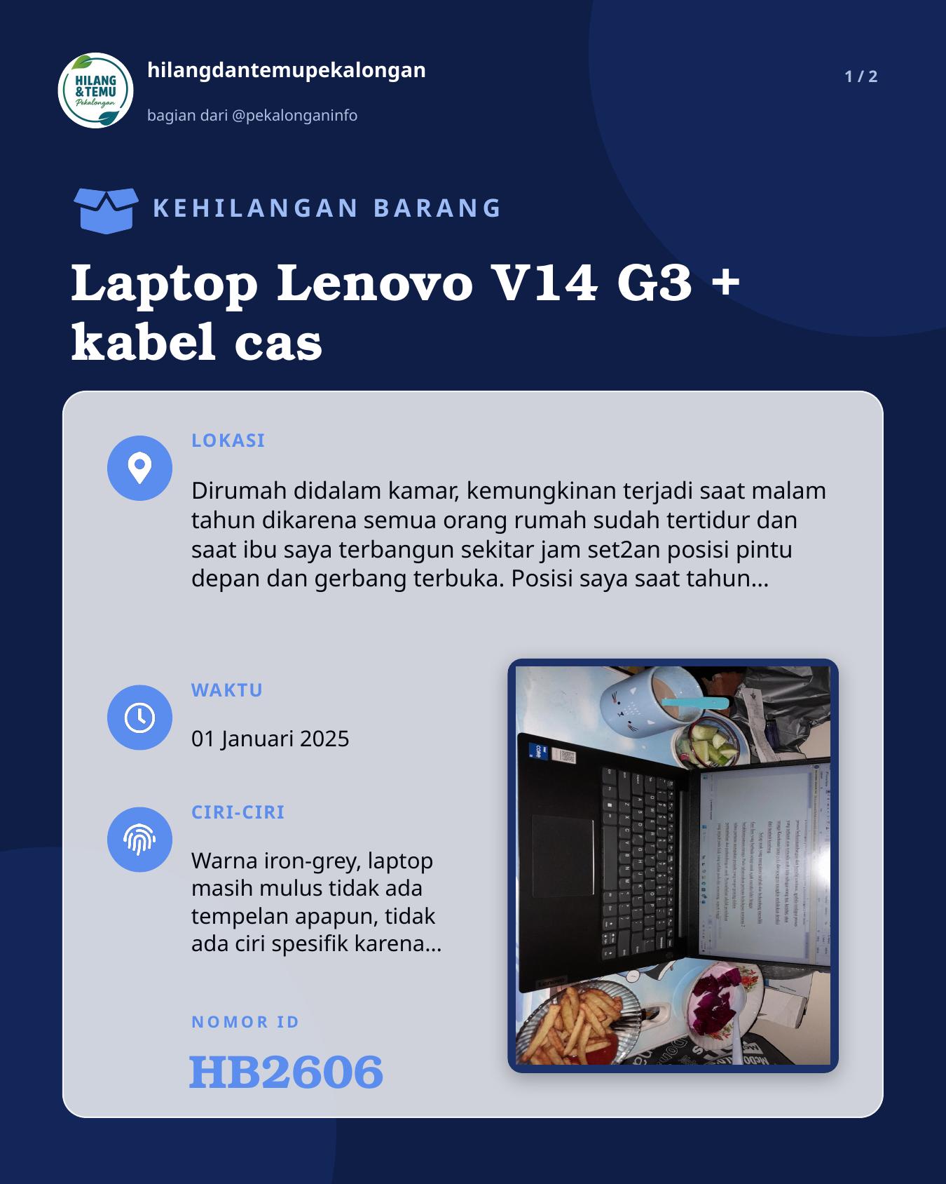 Slide 1 laporan Laptop Lenovo V14 G3 + kabel cas
