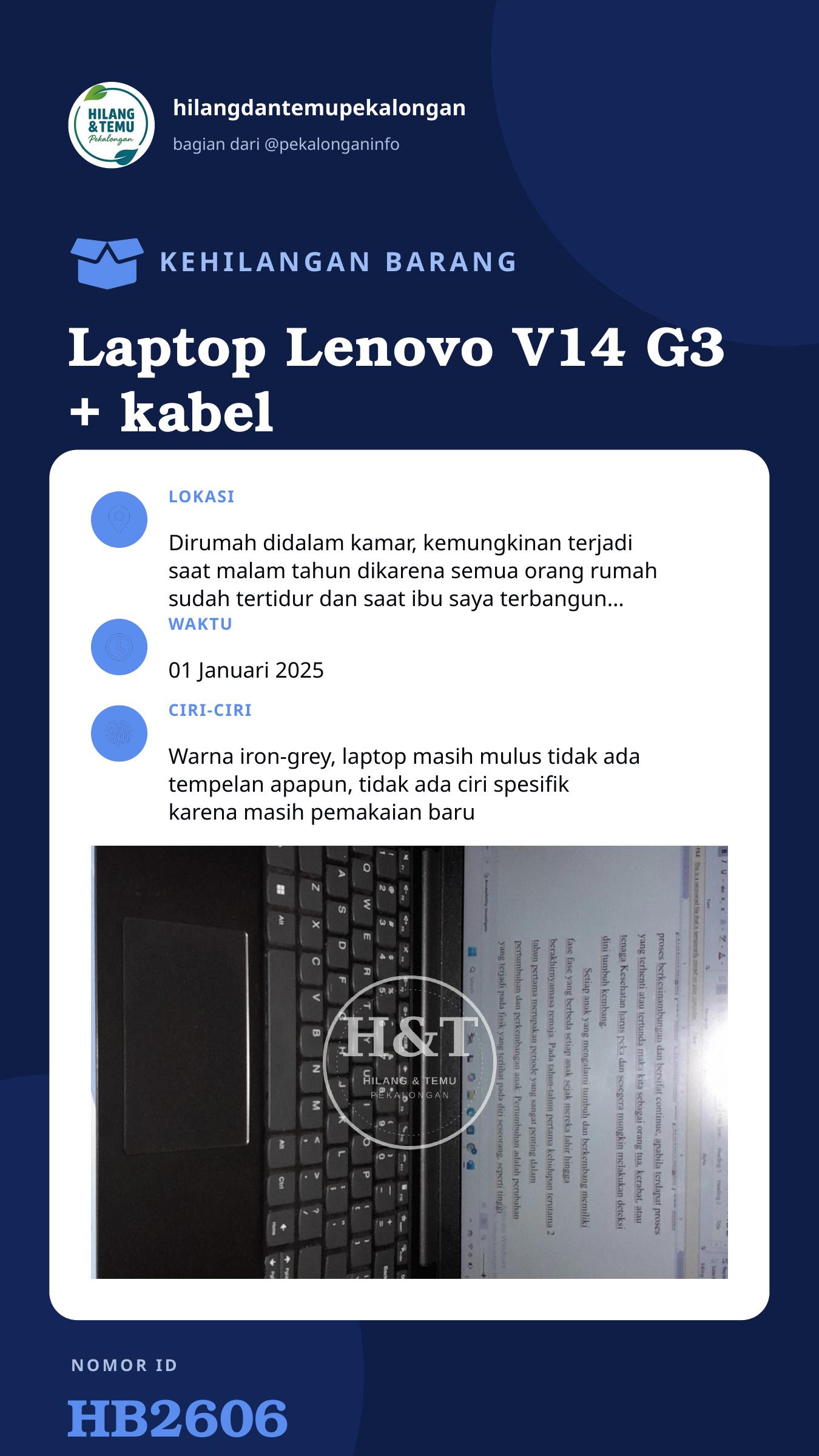 Story 9:16 laporan Laptop Lenovo V14 G3 + kabel cas
