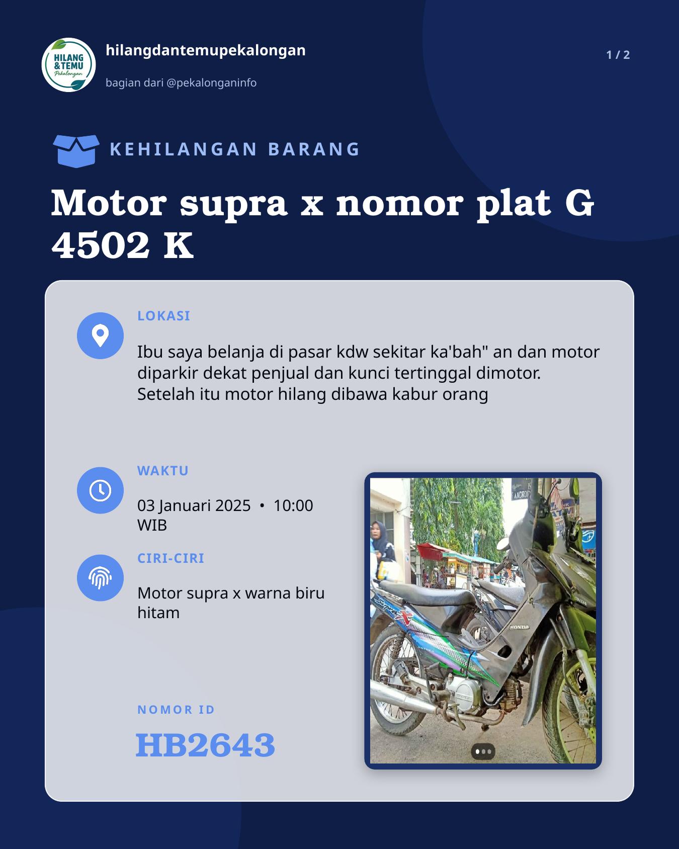 Slide 1 laporan Motor supra x nomor plat G 4502 K