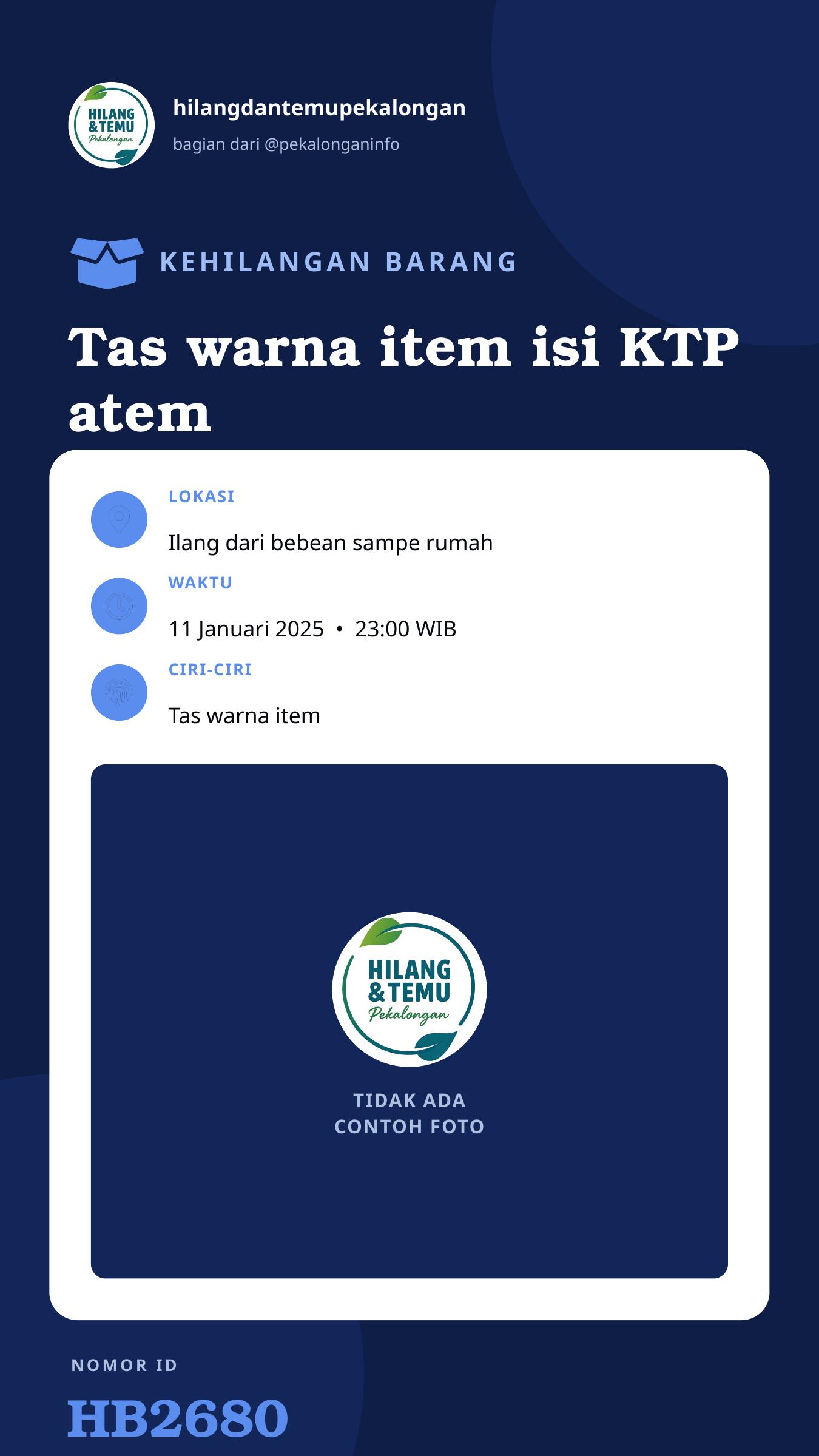 Story 9:16 laporan Tas warna item isi KTP atem BCA BPJS katu tol cs hp