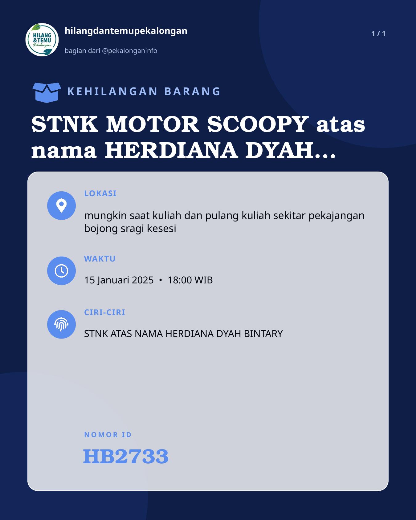 Slide laporan STNK MOTOR SCOOPY atas nama HERDIANA DYAH BINTARY (HB2733)