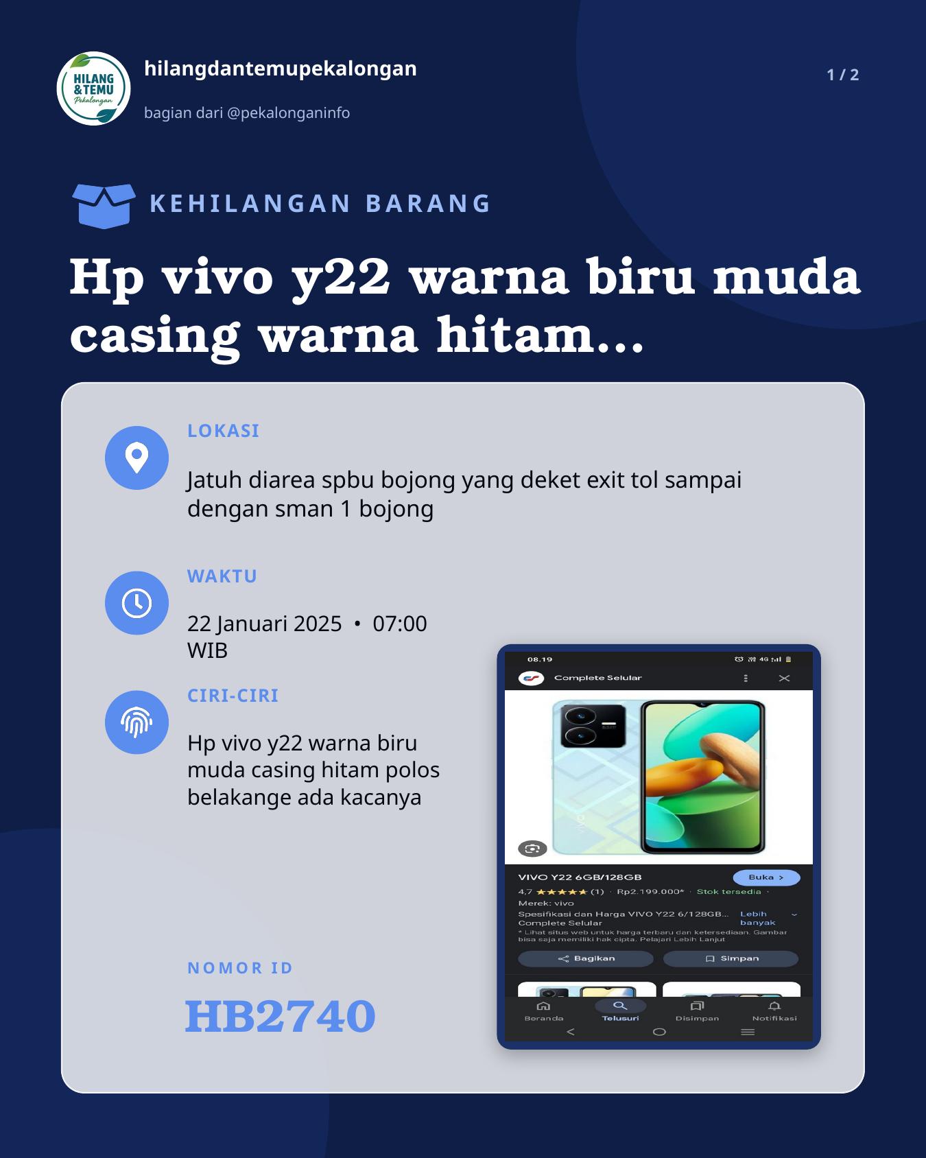 Slide 1 laporan Hp vivo y22 warna biru muda casing warna hitam polos ada kacanya dibelakang