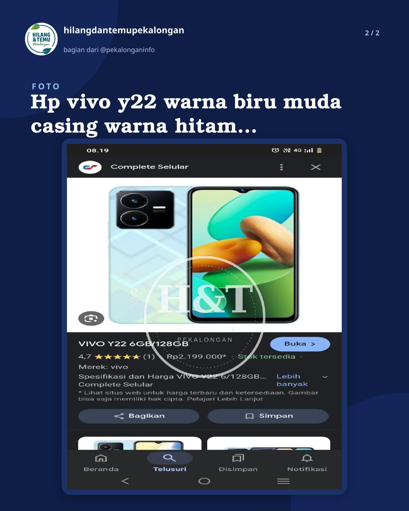 Slide 2 laporan Hp vivo y22 warna biru muda casing warna hitam polos ada kacanya dibelakang