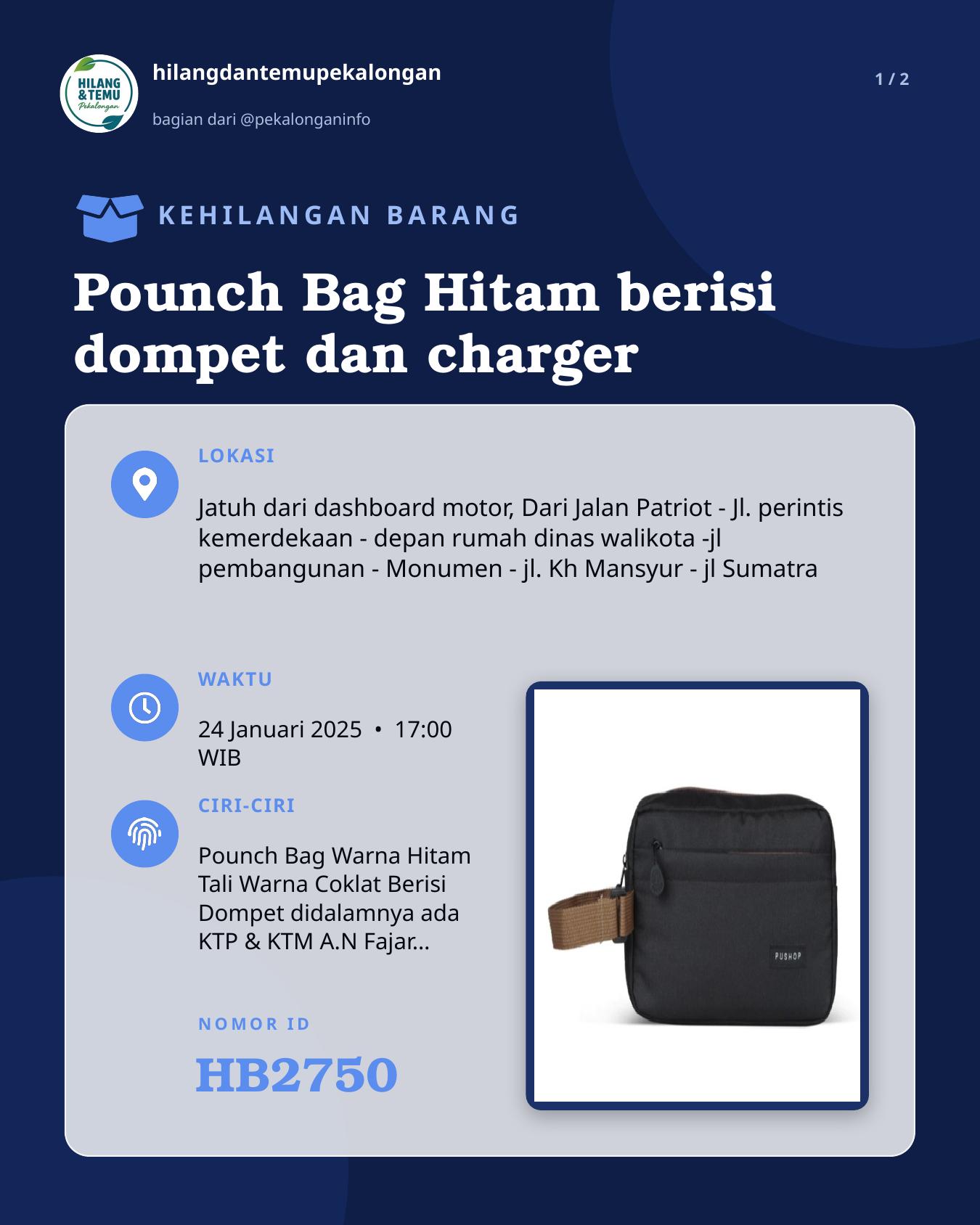 Slide 1 laporan Pounch Bag Hitam berisi dompet dan charger