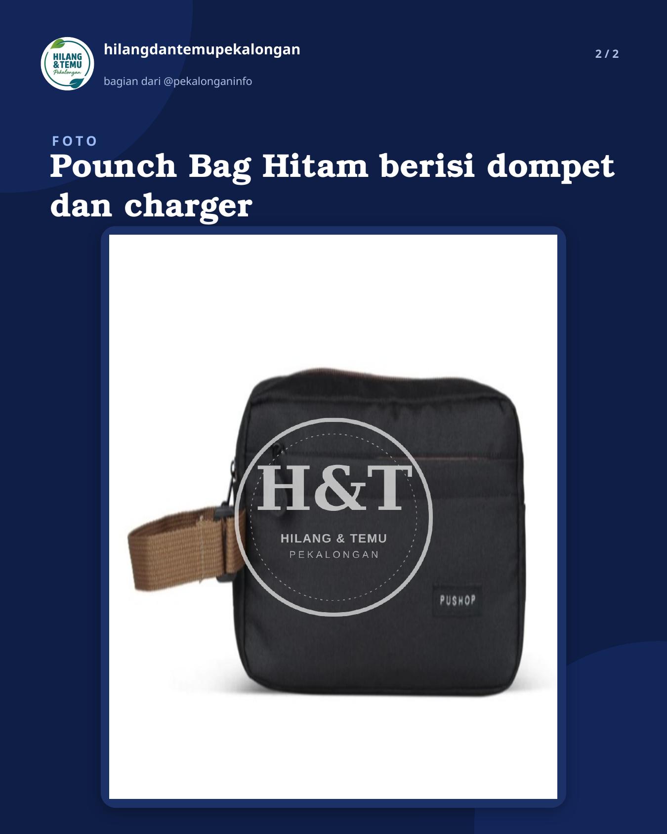 Slide 2 laporan Pounch Bag Hitam berisi dompet dan charger
