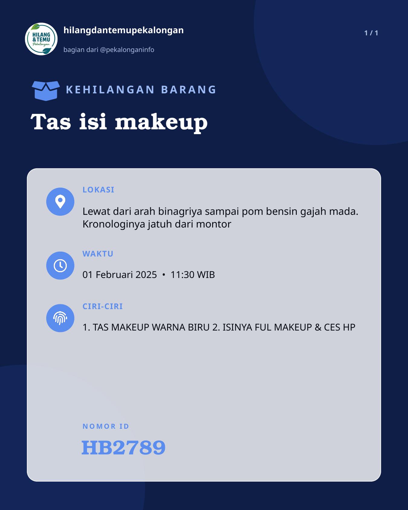 Slide laporan Tas isi makeup (HB2789)