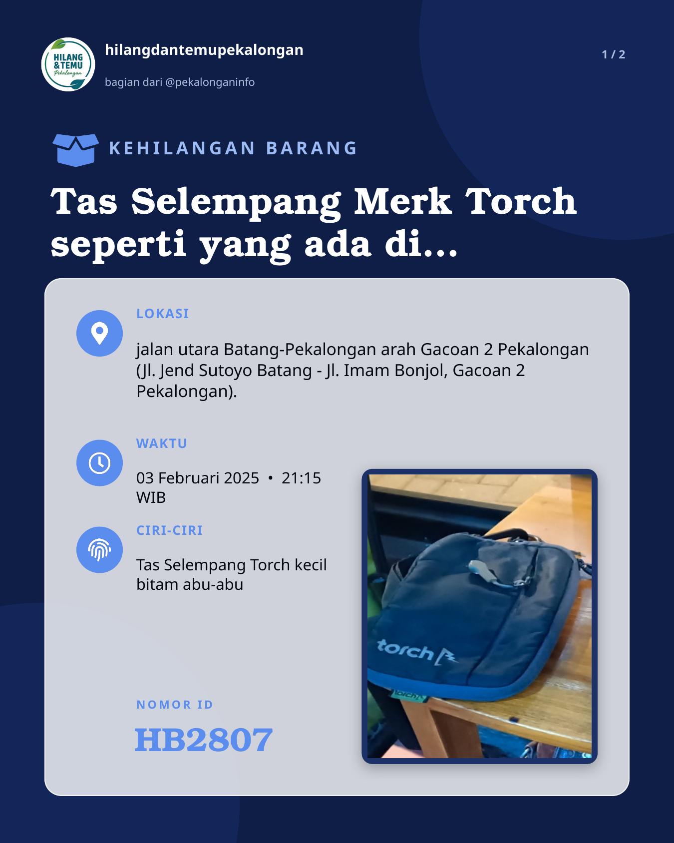 Slide 1 laporan Tas Selempang Merk Torch seperti yang ada di gambar, berisi Hp ViVo Y20 2021 ungu, charger hp i-Tel Type-C, Glove biliard biru