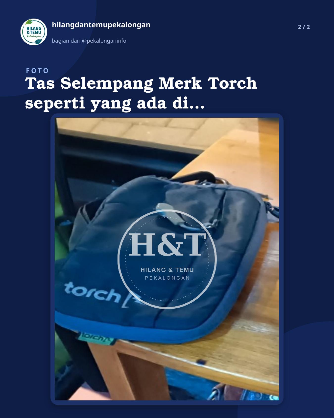 Slide 2 laporan Tas Selempang Merk Torch seperti yang ada di gambar, berisi Hp ViVo Y20 2021 ungu, charger hp i-Tel Type-C, Glove biliard biru