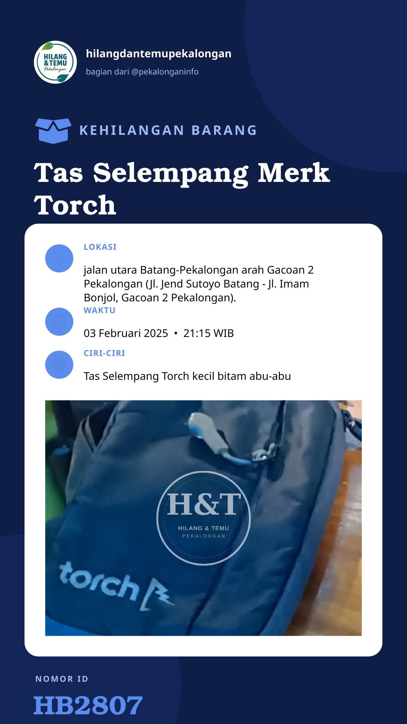 Story 9:16 laporan Tas Selempang Merk Torch seperti yang ada di gambar, berisi Hp ViVo Y20 2021 ungu, charger hp i-Tel Type-C, Glove biliard biru