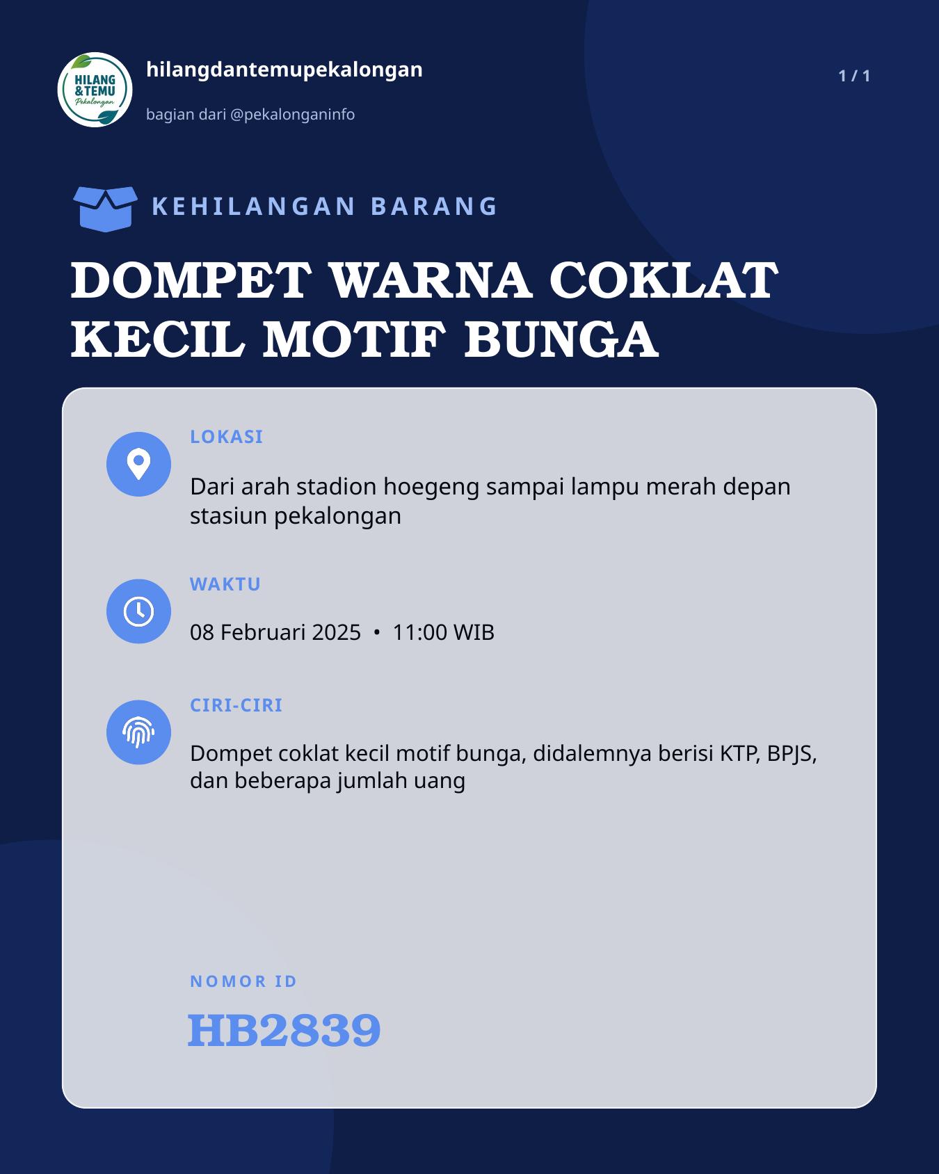 Slide laporan DOMPET WARNA COKLAT KECIL MOTIF BUNGA (HB2839)