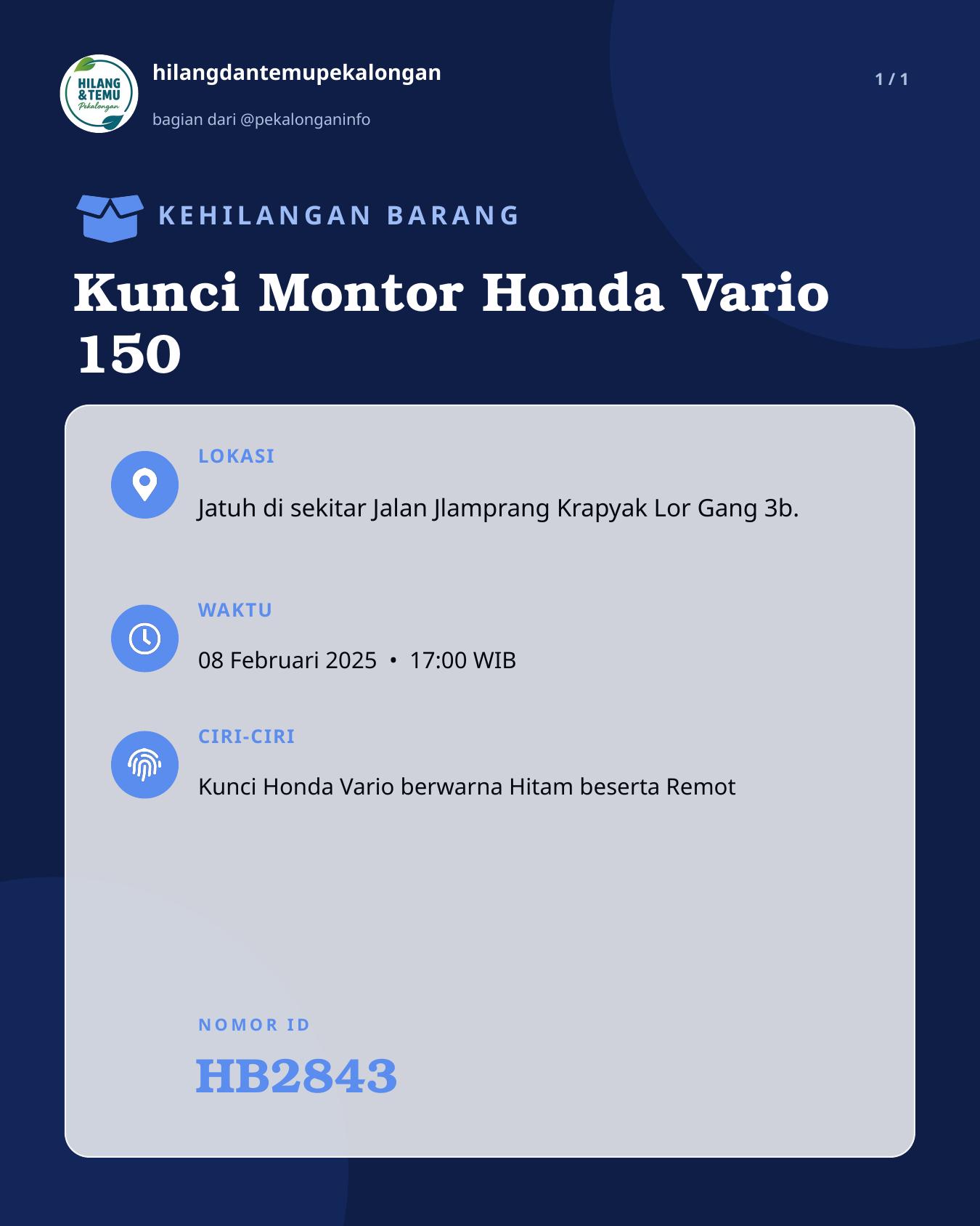 Slide laporan Kunci Montor Honda Vario 150 (HB2843)