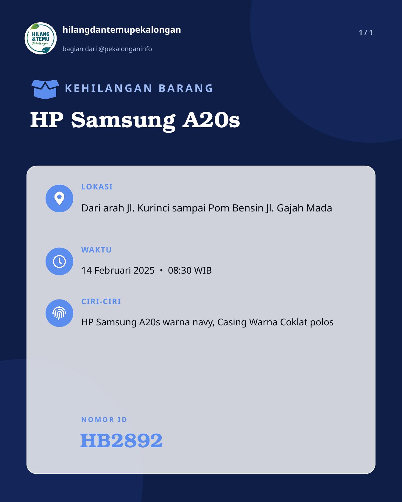 Slide laporan HP Samsung A20s (HB2892)