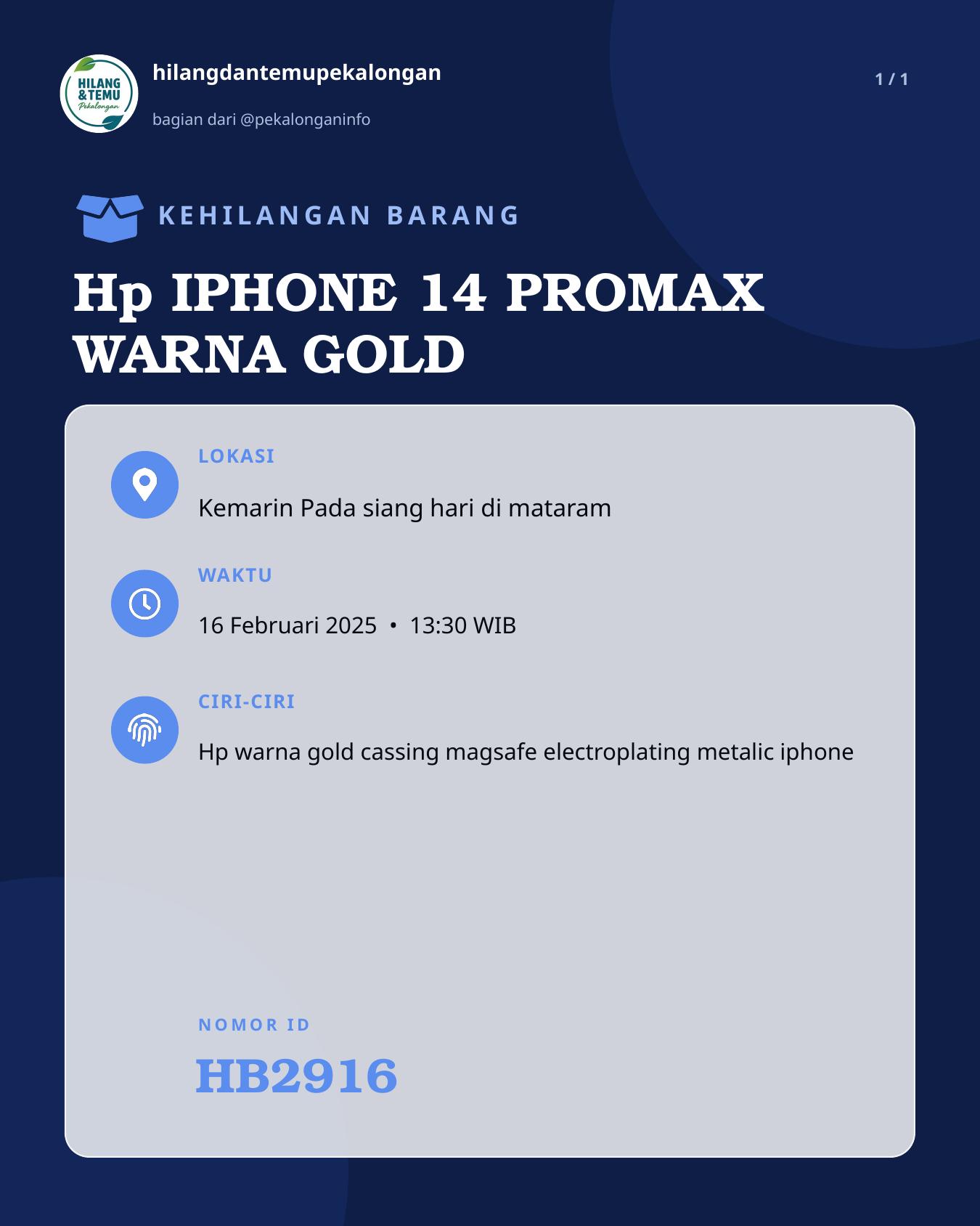 Slide laporan Hp IPHONE 14 PROMAX WARNA GOLD (HB2916)