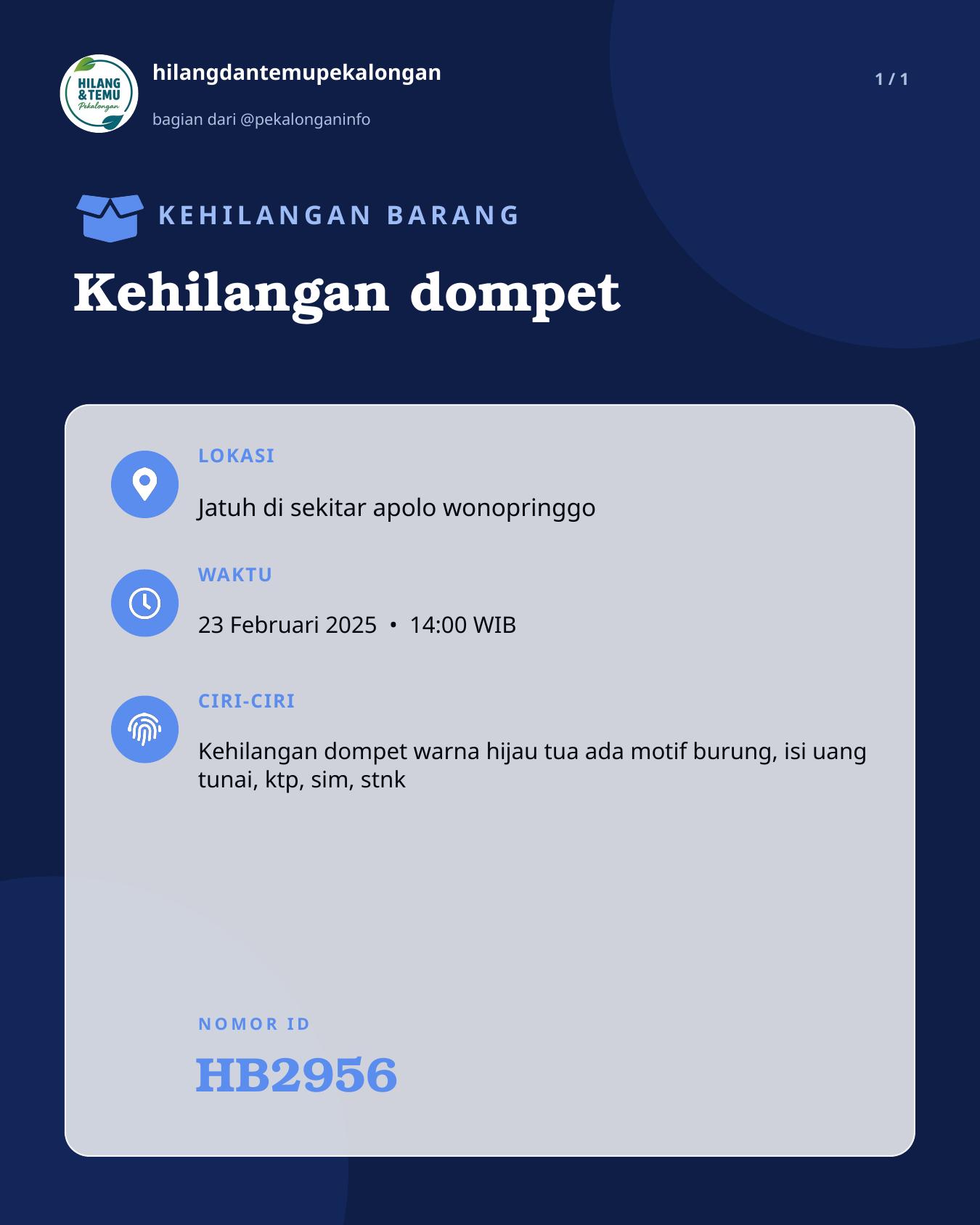 Slide laporan Kehilangan dompet (HB2956)