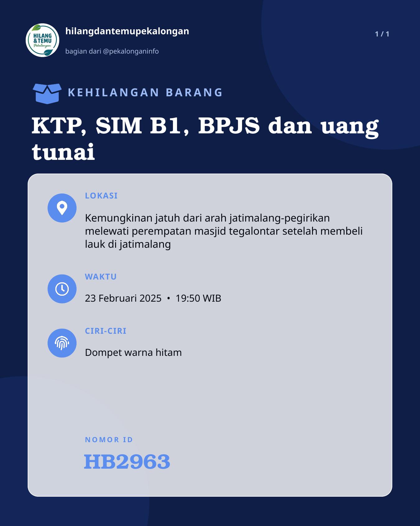 Slide laporan KTP, SIM B1, BPJS dan uang tunai (HB2963)