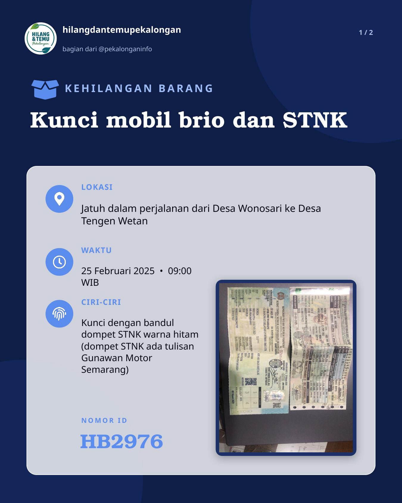 Slide 1 laporan Kunci mobil brio dan STNK