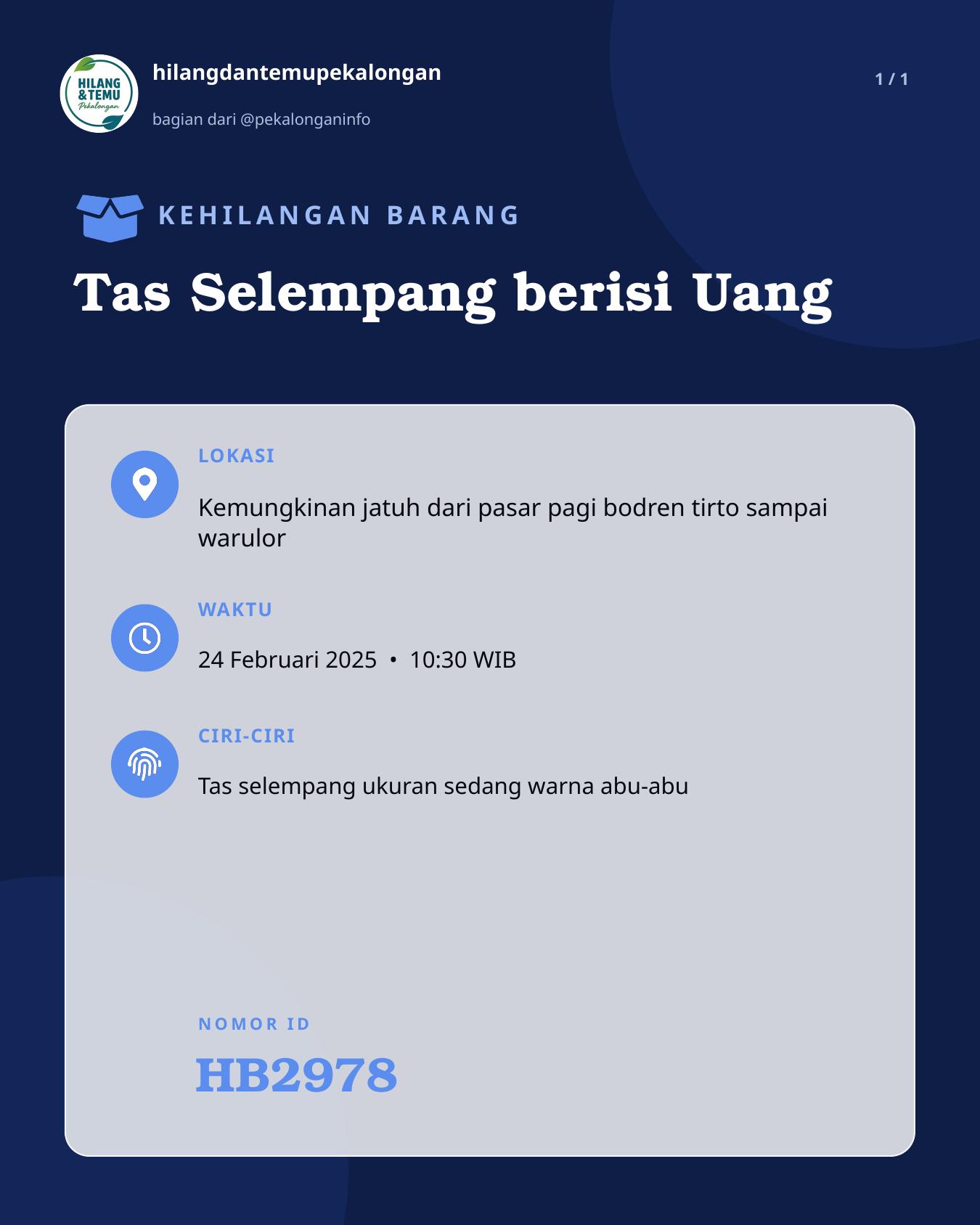 Slide laporan Tas Selempang berisi Uang (HB2978)