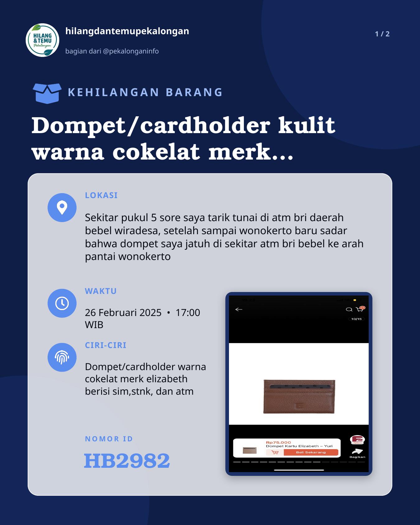 Slide 1 laporan Dompet/cardholder kulit warna cokelat merk elizabeth