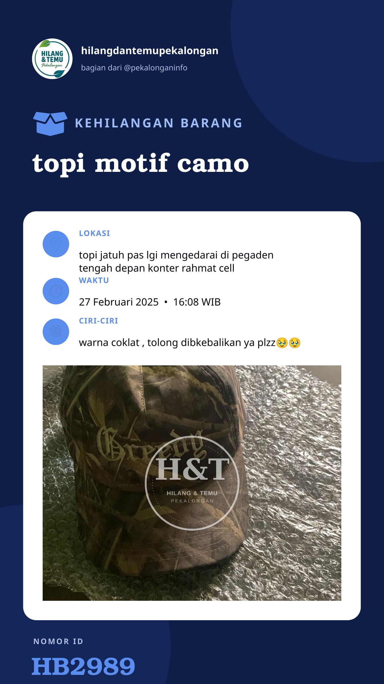 Story 9:16 laporan topi motif camo