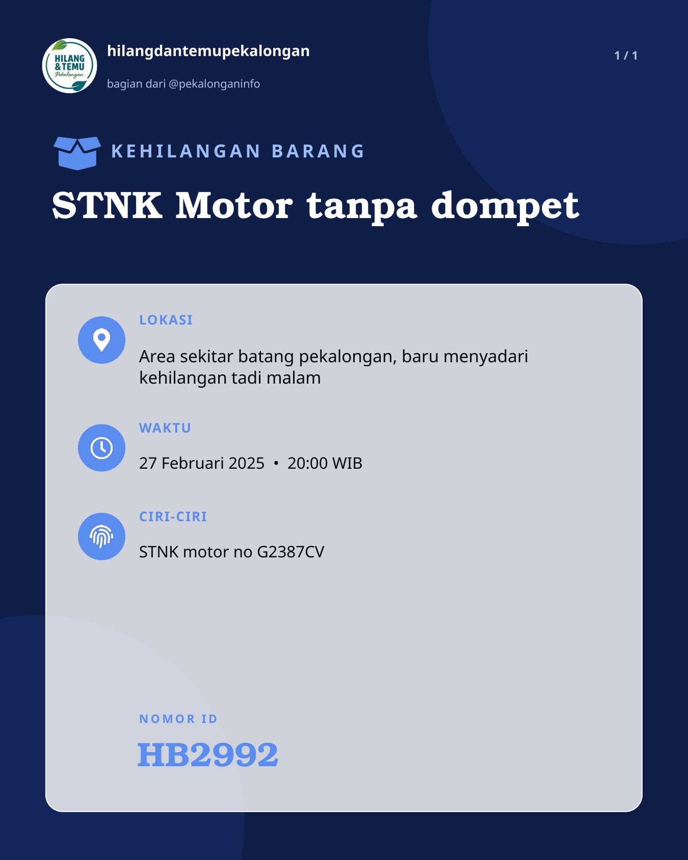 Slide laporan STNK Motor tanpa dompet (HB2992)