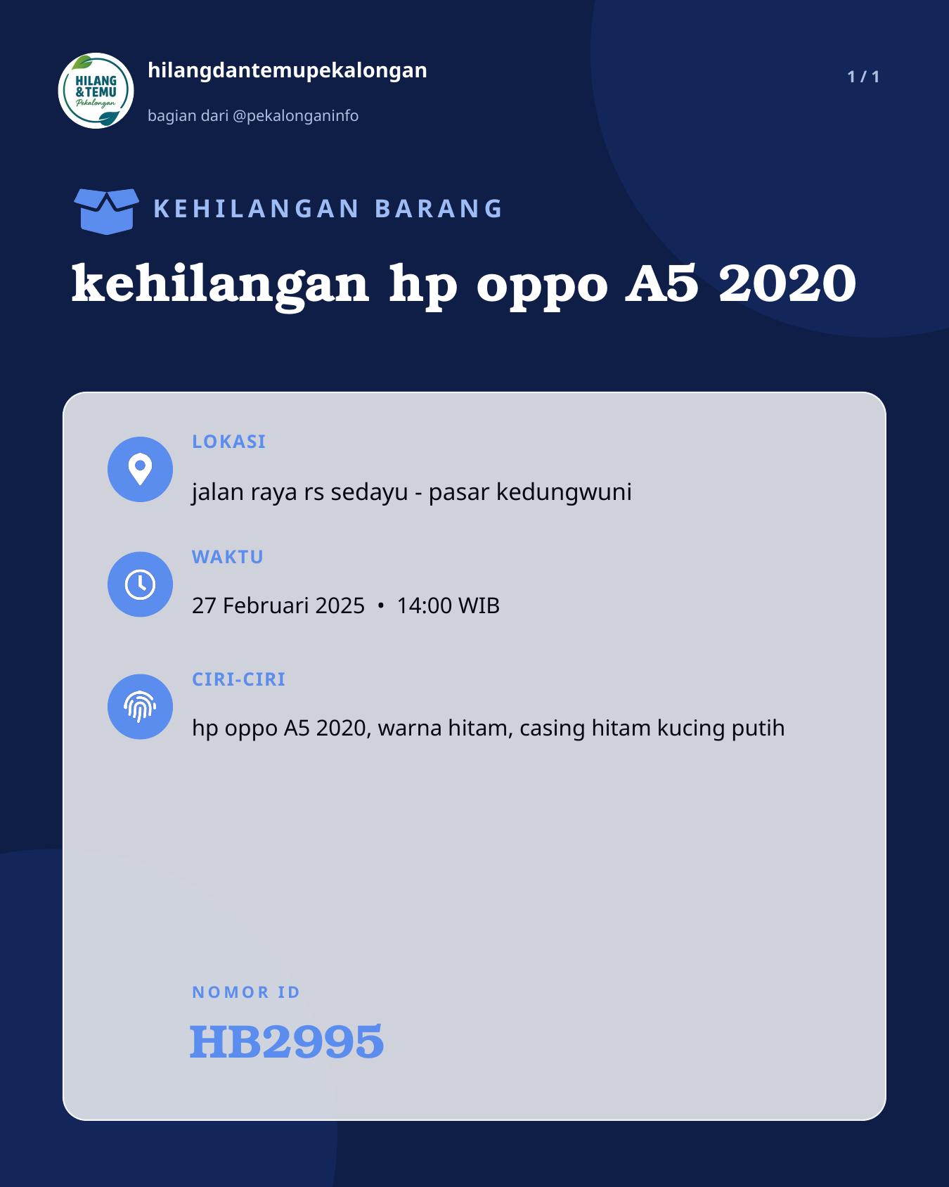 Slide laporan kehilangan hp oppo A5 2020 (HB2995)