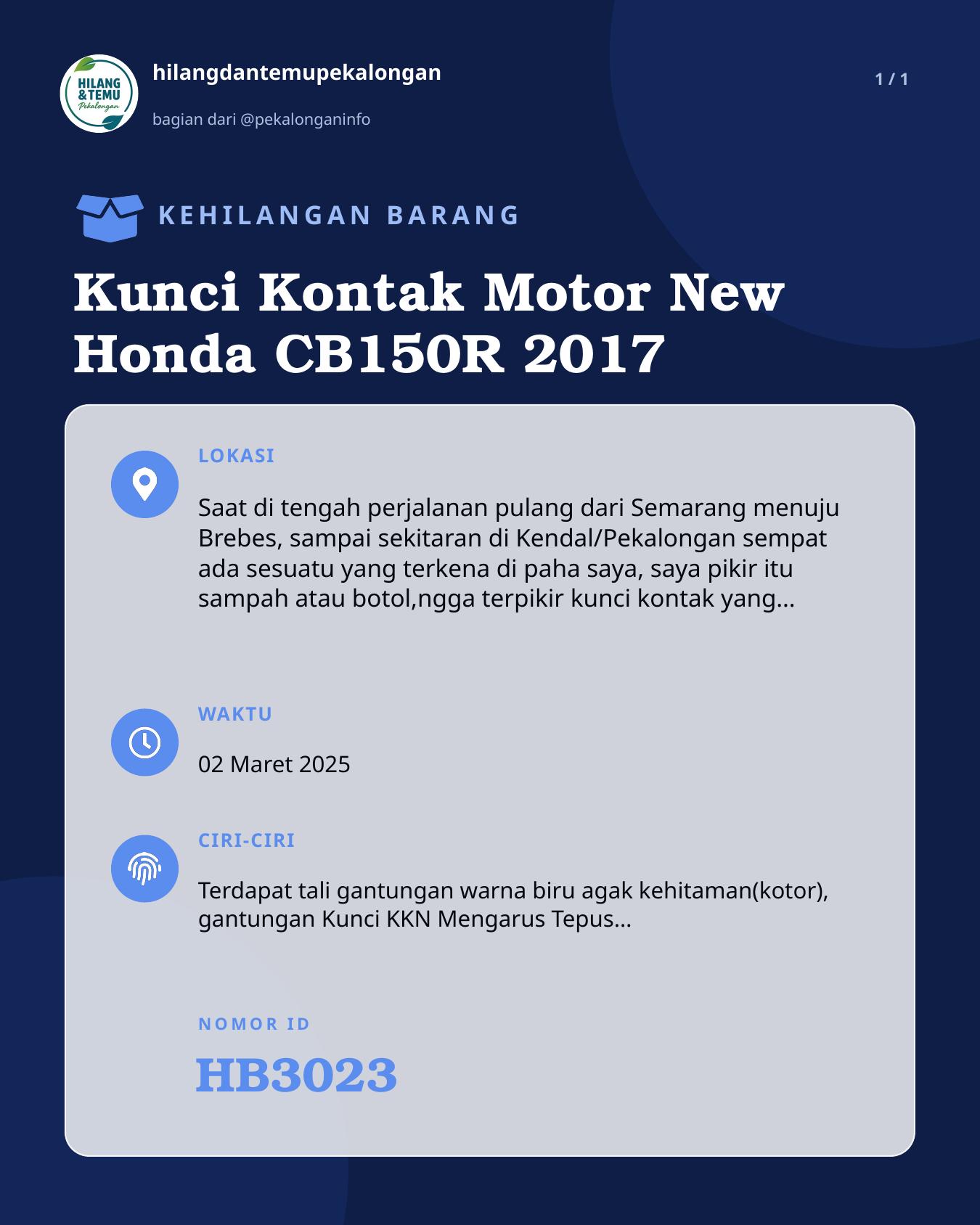 Slide laporan Kunci Kontak Motor New Honda CB150R 2017 (HB3023)