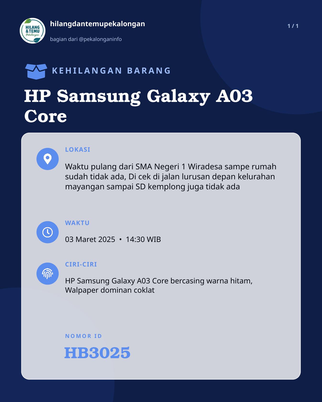 Slide laporan HP Samsung Galaxy A03 Core (HB3025)