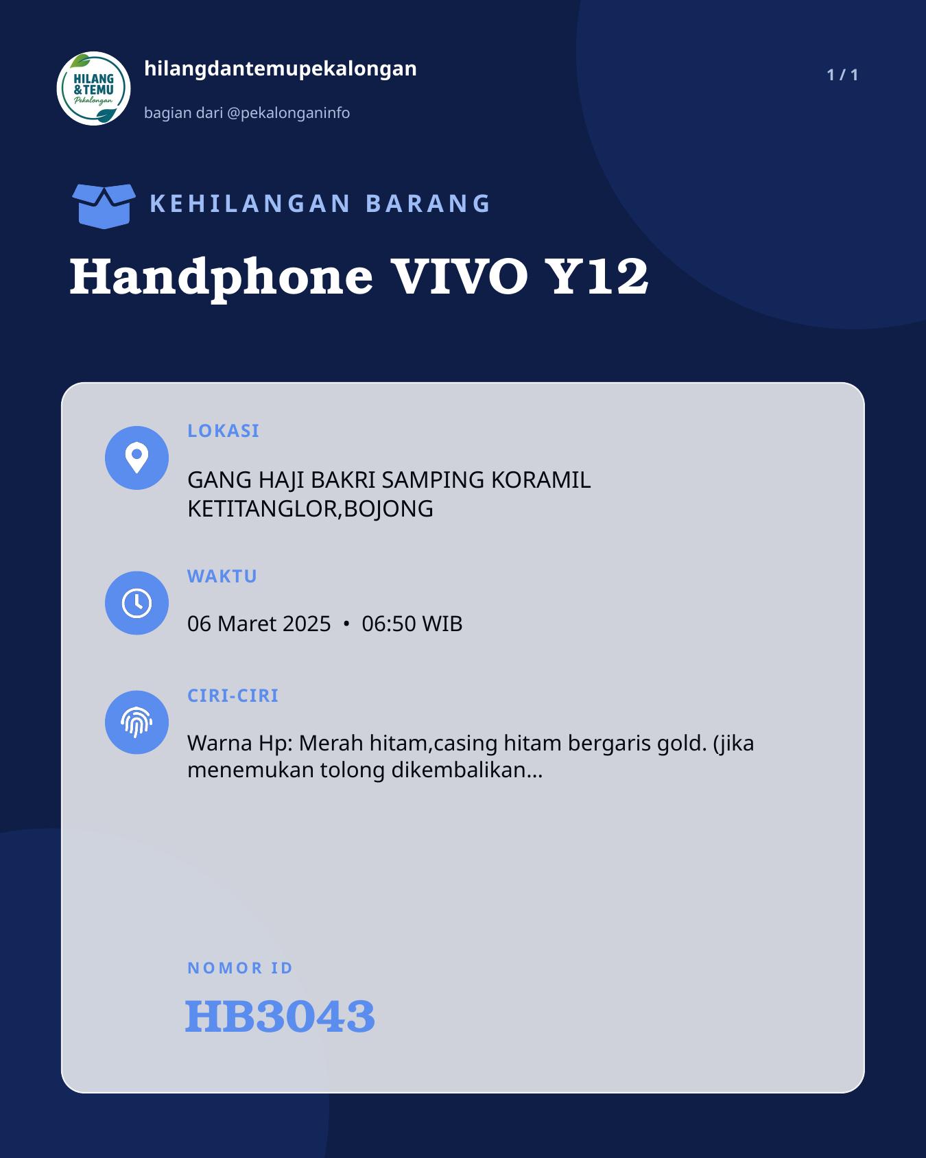 Slide laporan Handphone VIVO Y12 (HB3043)