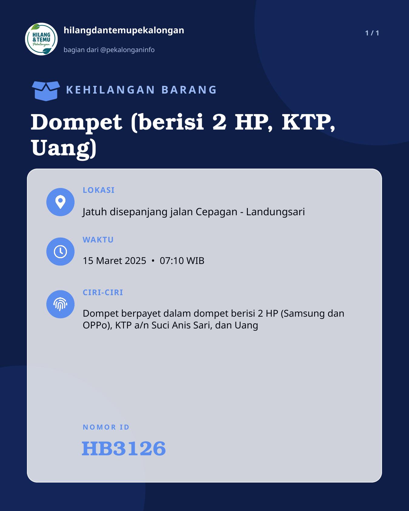 Slide laporan Dompet (berisi 2 HP, KTP, Uang) (HB3126)