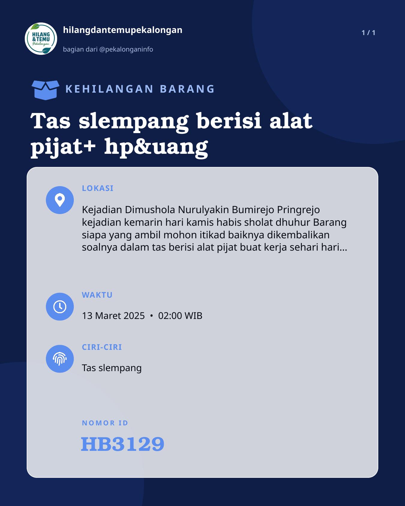 Slide laporan Tas slempang berisi alat pijat+ hp&uang (HB3129)