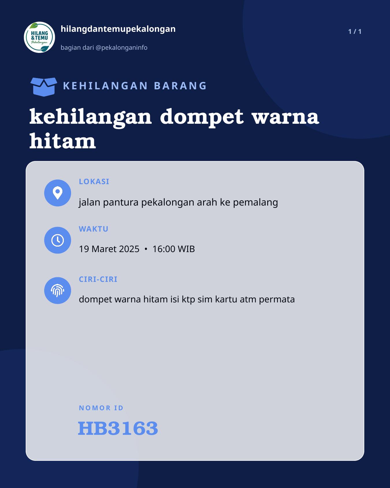 Slide laporan kehilangan dompet warna hitam (HB3163)